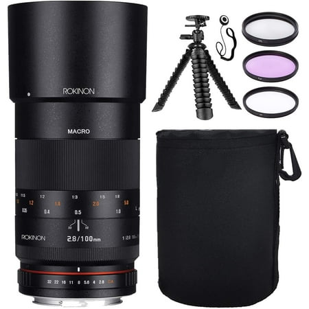 Image of Rokinon 100mm F2.8 Full Frame Macro Lens for Fuji X w/Lens Hood + Protective Lens Case Spider Flex Tripod & Other Accessory Bundle
