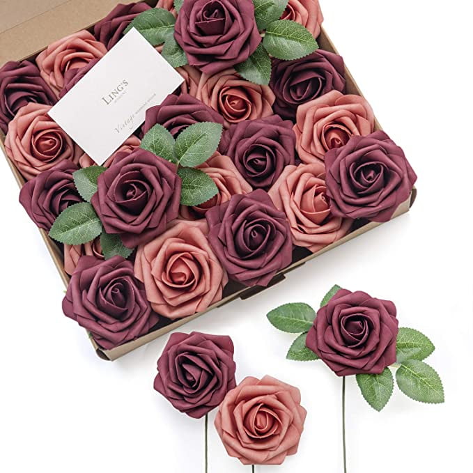 Ling's moment Artificial Flowers Burgundy & Pinky Cedar Roses 25pcs