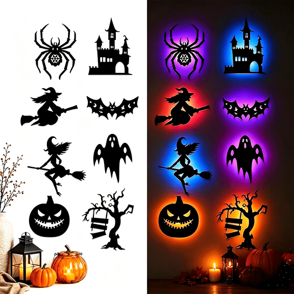 8 Pack Halloween LED Silhouette Wall Light Stickers, Battery Operated Peel and Stick Decor Lights, for Horror theme.
