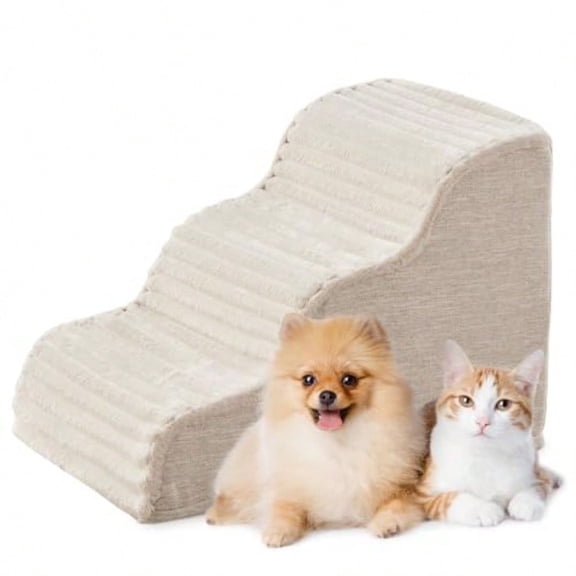 Dog Stairs For Small Dogs & Cats 15.7" H High Density Foam Steps Ramp Couch Sofa And Chair Pet With Non-slip Bottom Remove Washable Cover 3-step Beige