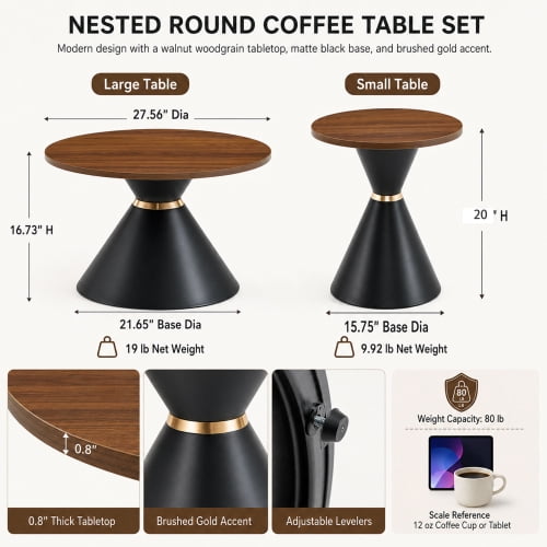 2-Piece Round Nesting Coffee Table Set, Walnut Wood Grain Tabletop with Metal Base, Mid-Century Modern Accent Tables for Living Room Bedroom, Walnut + Black