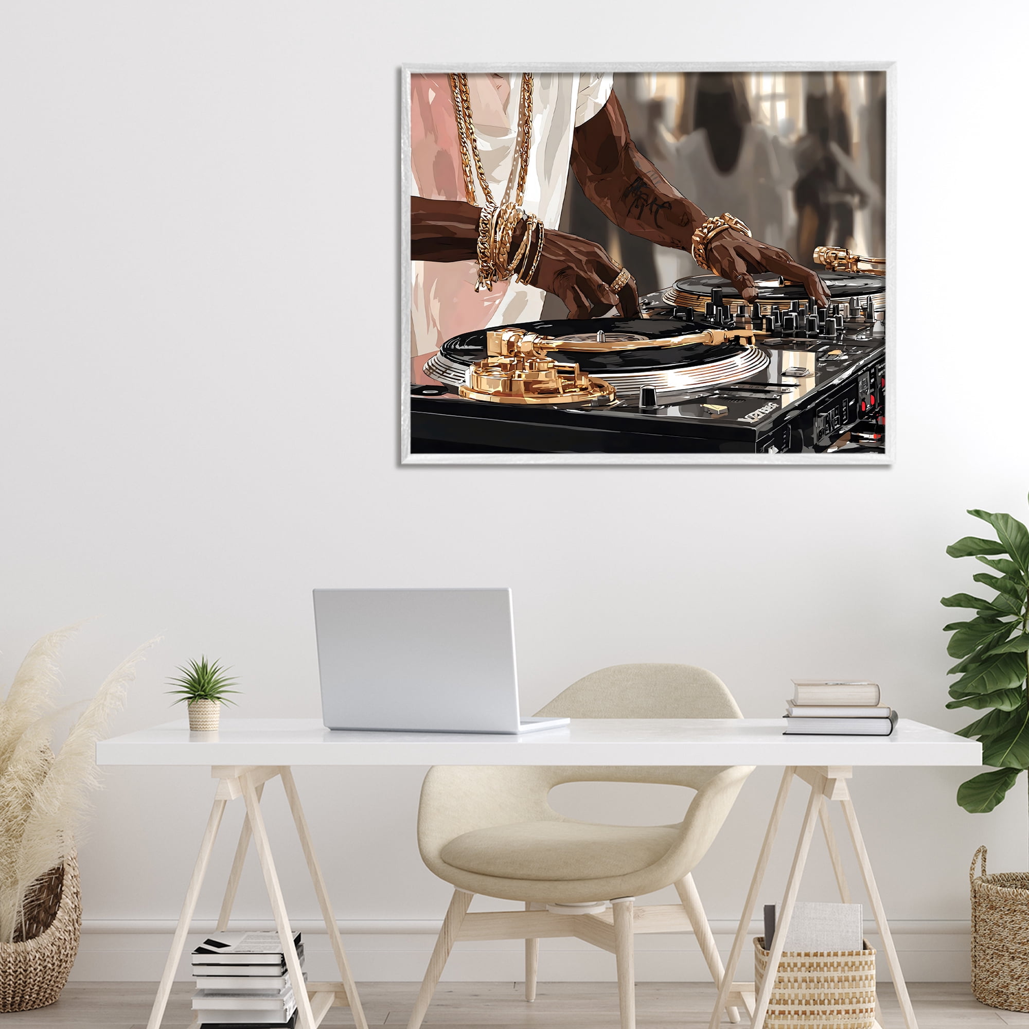 Stupell Industries Golden Sound DJ Turntables White Framed Giclee Art, design by Franklyn Gregory