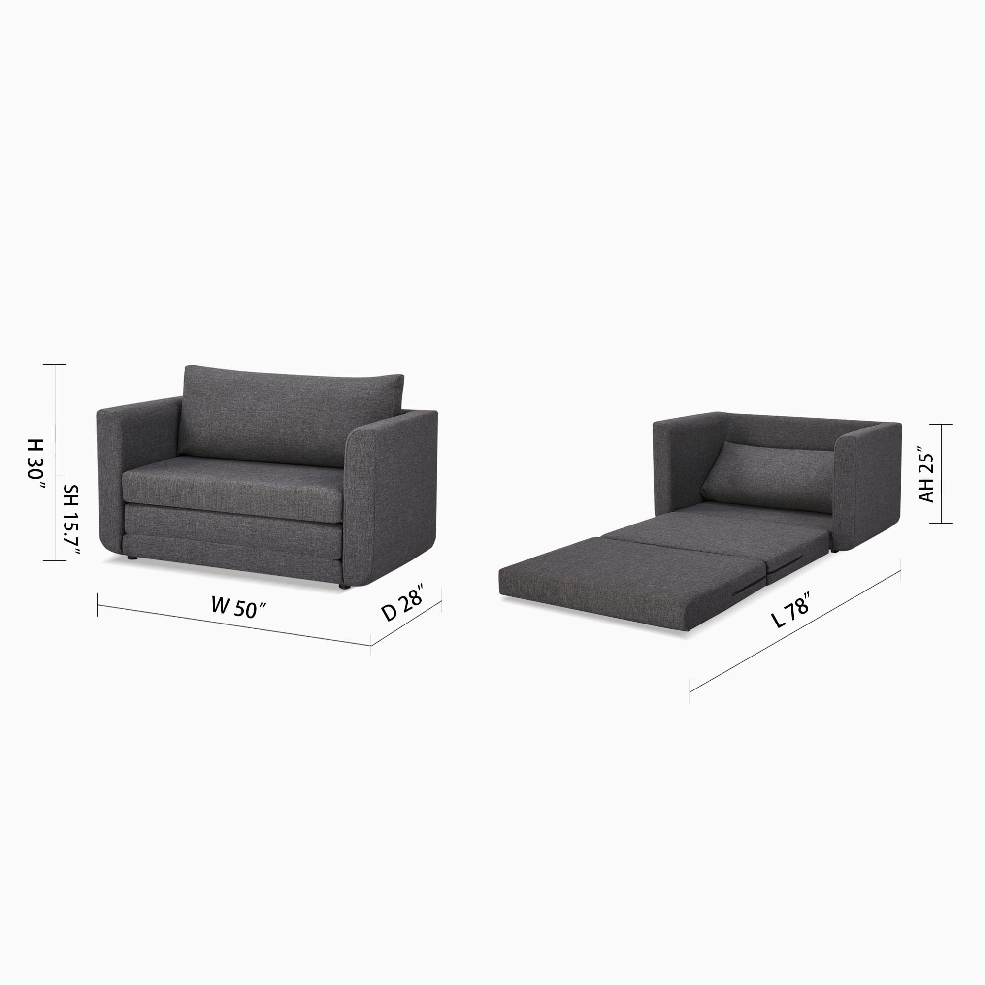A&D Home Afton Faux Linen Loveseat, 2 Person Compact Sleeper Sofa Bed, Dark Gray