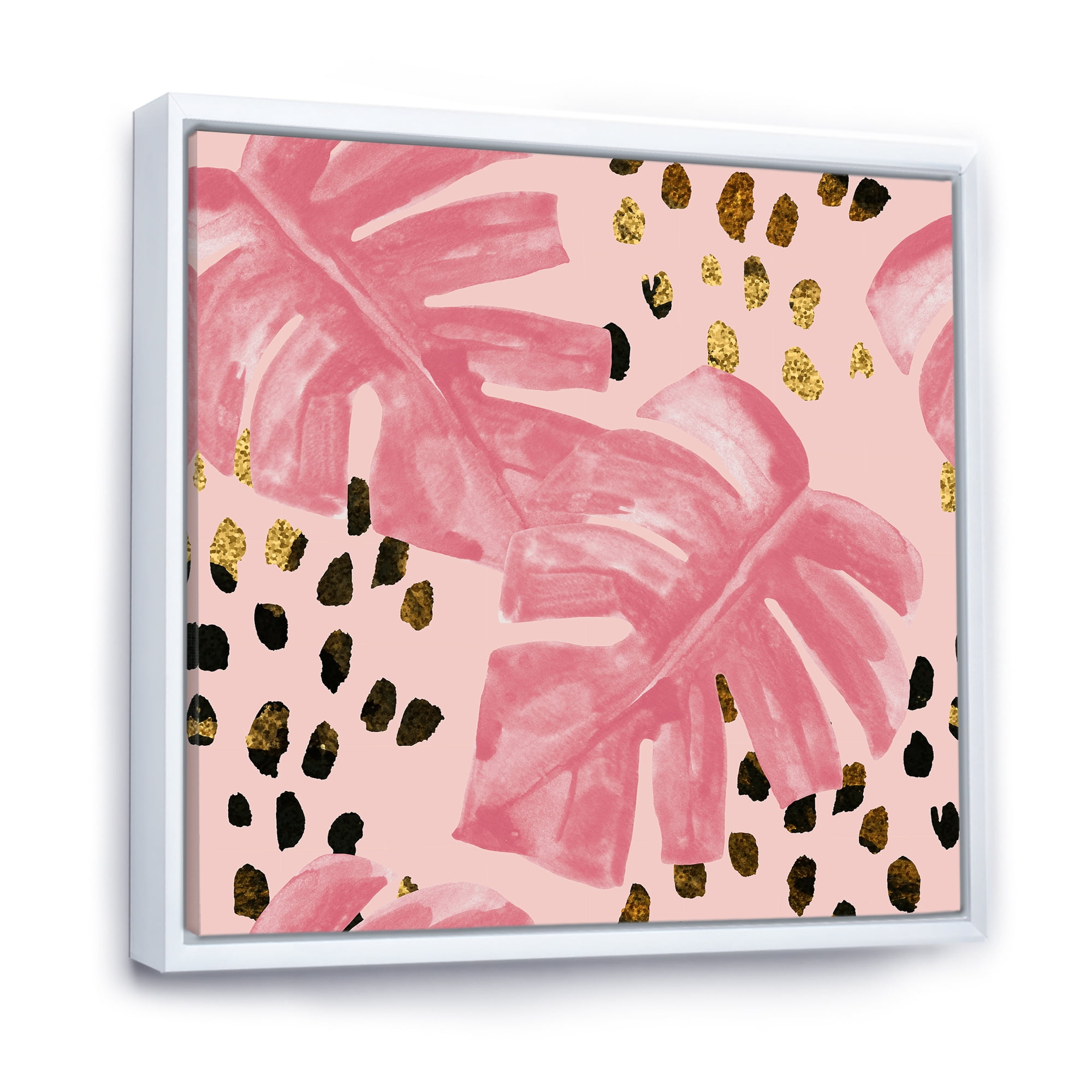Designart 'Rough Brush Strokes Pink Colored Monstera I' Tropical Framed Canvas Wall Art Print
