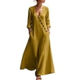 thumbnail image 2 of Uscallm Women's V Neck 3/4 Sleeve Button Down Maxi Dresses Flowy Boho Casual Loose Long Travel Beach Sundresses, Yellow L, 2 of 6