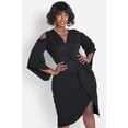 thumbnail image 3 of Rebdolls Womens Plus Size Black V-Neck Bodycon Duster Sleeve Knotted Mini Dress - Large, 3 of 6