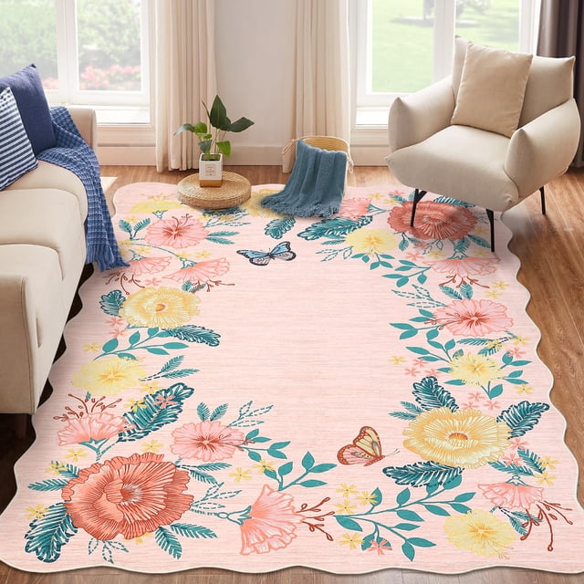 Gaderth 8x10 Washable Area Rug For Living Room, Modern Scalloped Floral Border Rug With Non Slip Backing, Stain Resistant Low Pile Foldable Boho Carpet For Bedroom Dining Room Nursery Home Office