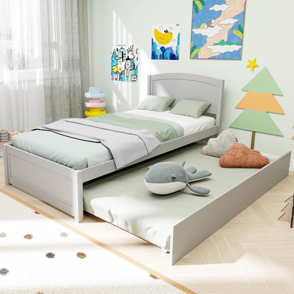 Trundle Bed Twin, Solid Wooden Pull Out Bed Frame, Extendable Day Bed with Headboard and Soild Wood Slats Support, Bedroom, Living Room, Guest Room, No Box Spring Needed (Grey)