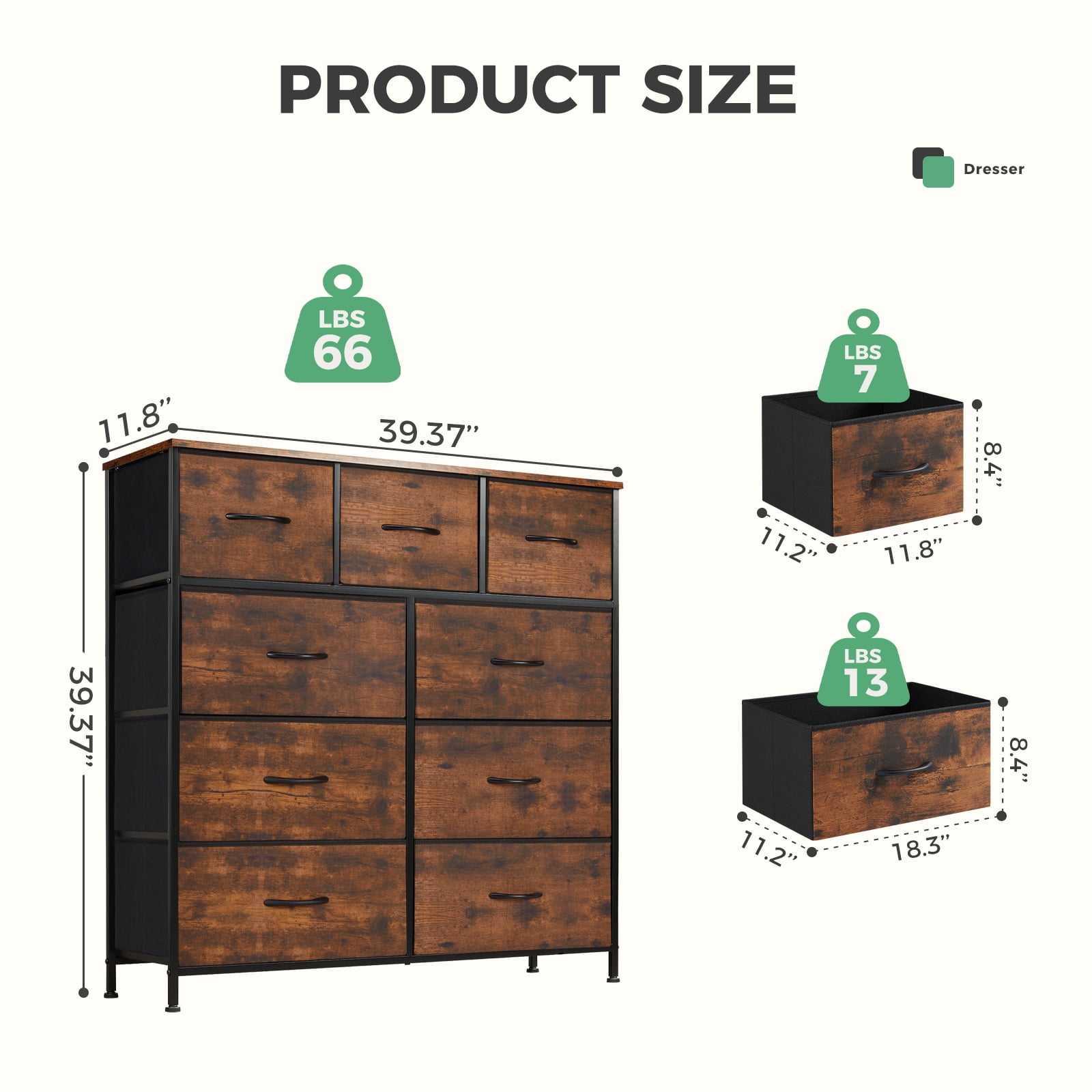 Aidoly 9-Drawer Dresser with Wooden Top, Adjustable Feet, Sturdy Metal Frame Dressers for Bedroom, Living Room, Rust