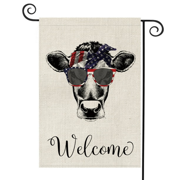 AVOIN Welcome Quote Heifer Cow USA Garden Flag Vertical Double Sided Patriotic Strip and Star ...