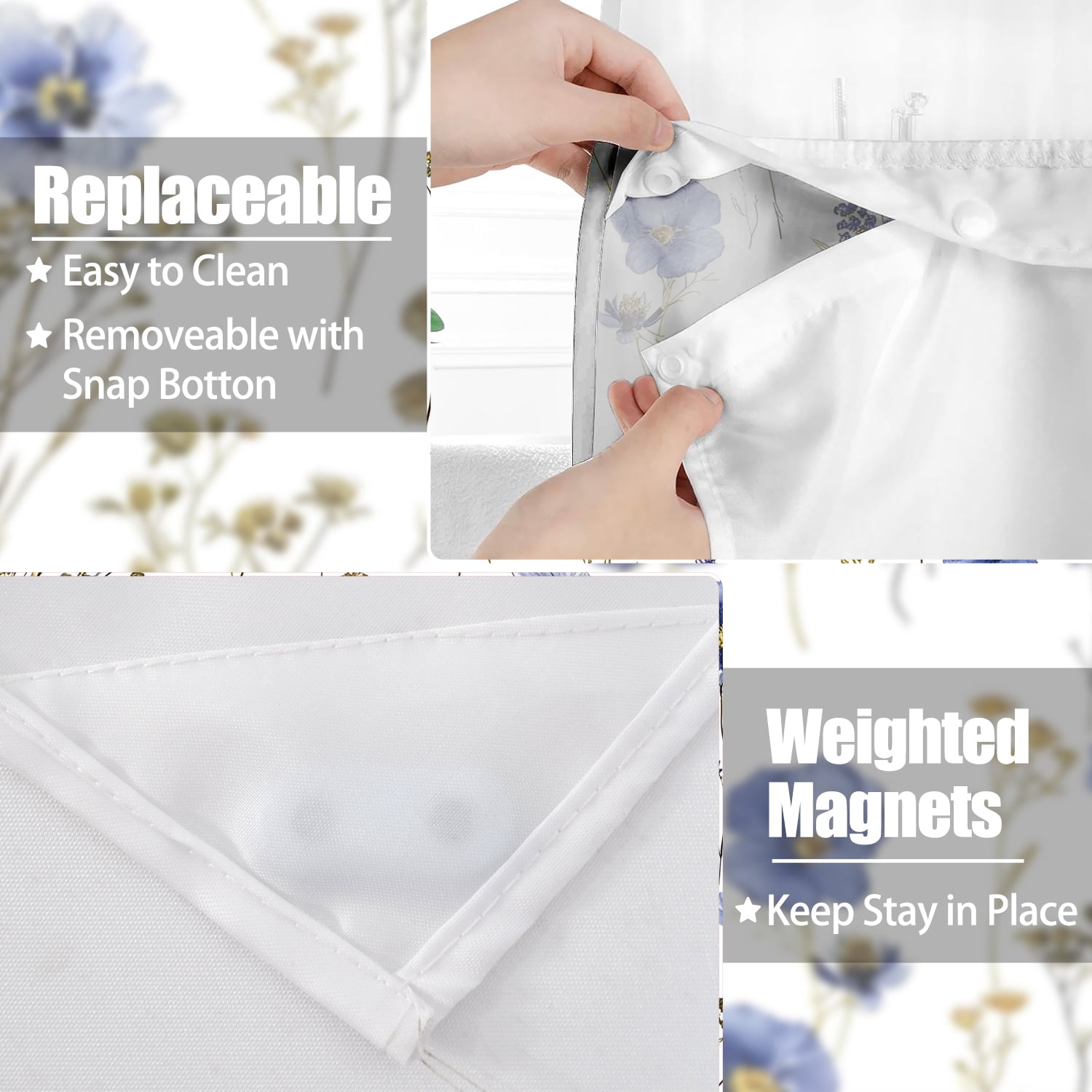 Mizhona Blue Flower Shower Curtain with Snap in Liner,Rustic No Hook Fabric Bath Curtain,71"× 74"