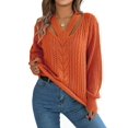 thumbnail image 2 of Women Casual Hollowed Out V-Neck Pullover Sweater Knit Long Sleeve Shirts Top Sweaters Orange Color XL, 2 of 9