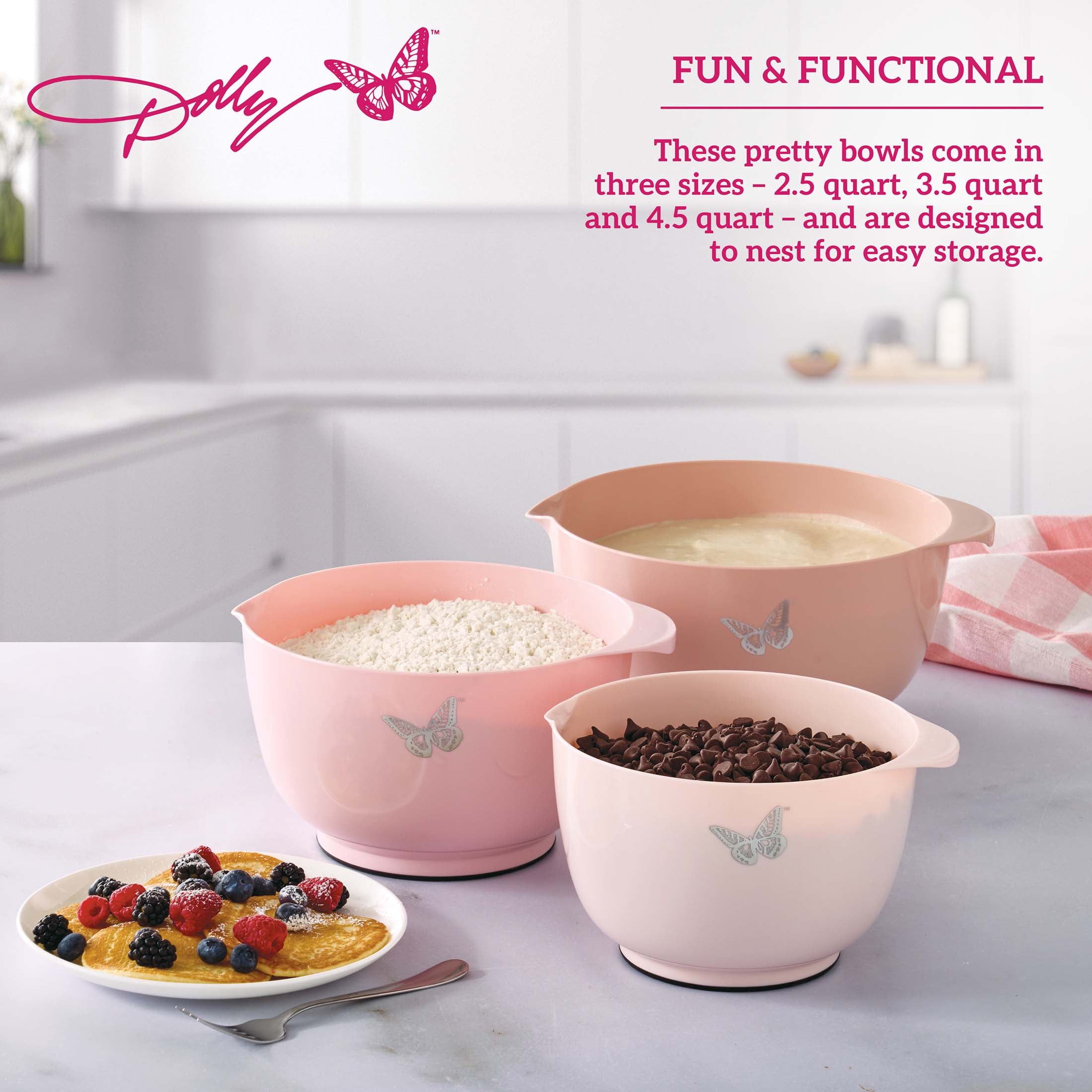 Dolly Parton Plastic Mixing Bowls with Mess-Free Spout, Blush