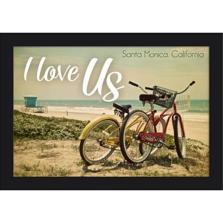 Santa Monica, California - Bicycles & Beach Scene - I Love Us - Lantern Press Photography (18x12 Giclee Art Print, Gallery Framed, Black