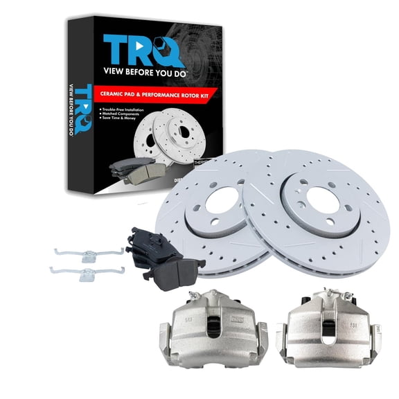 TRQ Front Performance Brake Pad & Rotor Kit Brake Caliper Brake Pads Brake Rotors Set Ceramic Vented Premium G-Coated Fits Select 2005 Volkswagen Jetta