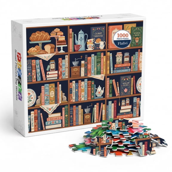 Vintage Bookshelf Jigsaw Puzzle for Adults 1000 Pieces, Cozy Kitchen Library Illustration with Teapots and Pastries, Thick Cardboard Matte Finish, Perfect Gift for Book Lovers
