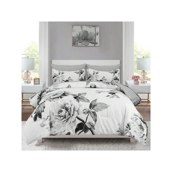 Grey Floral Comforter Set Queen 7 Pieces Bed In A Bag Botanical Floral Comforter Soft Microfiber Grey Bedding Set Queen Size Bed With Sheet And Pillowcase