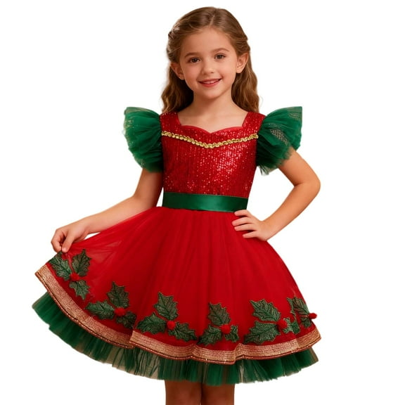 MEZZALL Child Girls Party Dress With Color Blocking And Lace Trim Tutu Gown For Toddler To Big Kid Holiday Pageant Performance Outfit Long Sleeve O-Neck Festival Sundress Breathable
