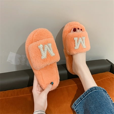 

Women s Shoes With Rhinestone Letters Plush Home Opening Cotton Floor Slippers