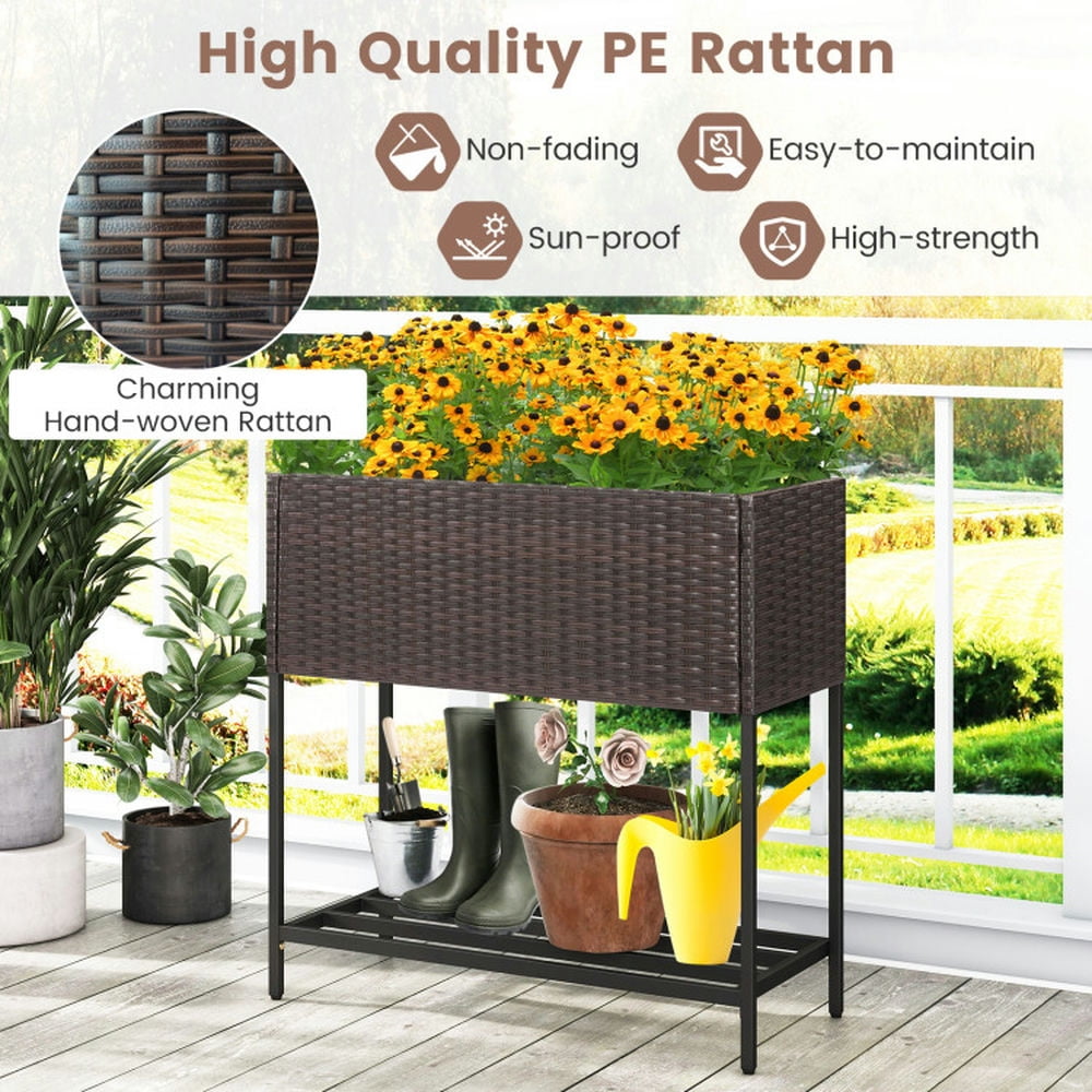 Spaco Wicker Raised Garden Bed with Storage Shelf and Removable Liner for Flowers, Elevated Planter Box for Backyard, Outdoor Garden