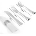 thumbnail image 2 of Pre Rolled Napkin with Silver Plastic Cutlery Set - 100 Pack Silver Plastic Silverware Cutlery Set, Premium Rolled Cutlery Set Includes: 100 Forks, 100 Knives, 100 Spoons, 100 Napkins for Wedding, 2 of 7