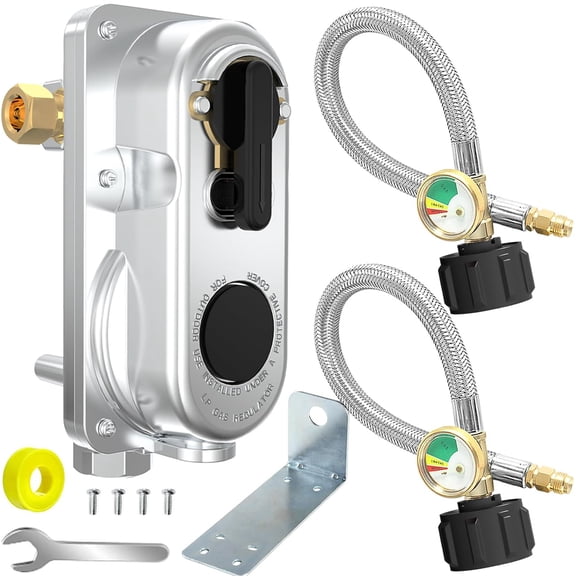 2-Stage Auto Changeover LP Propane Regulator Kit – Dual 15" RV Pigtail Hoses with Gauge, QCC1 / 1/4" Inverted Male Flare, for RV Camper Trailers