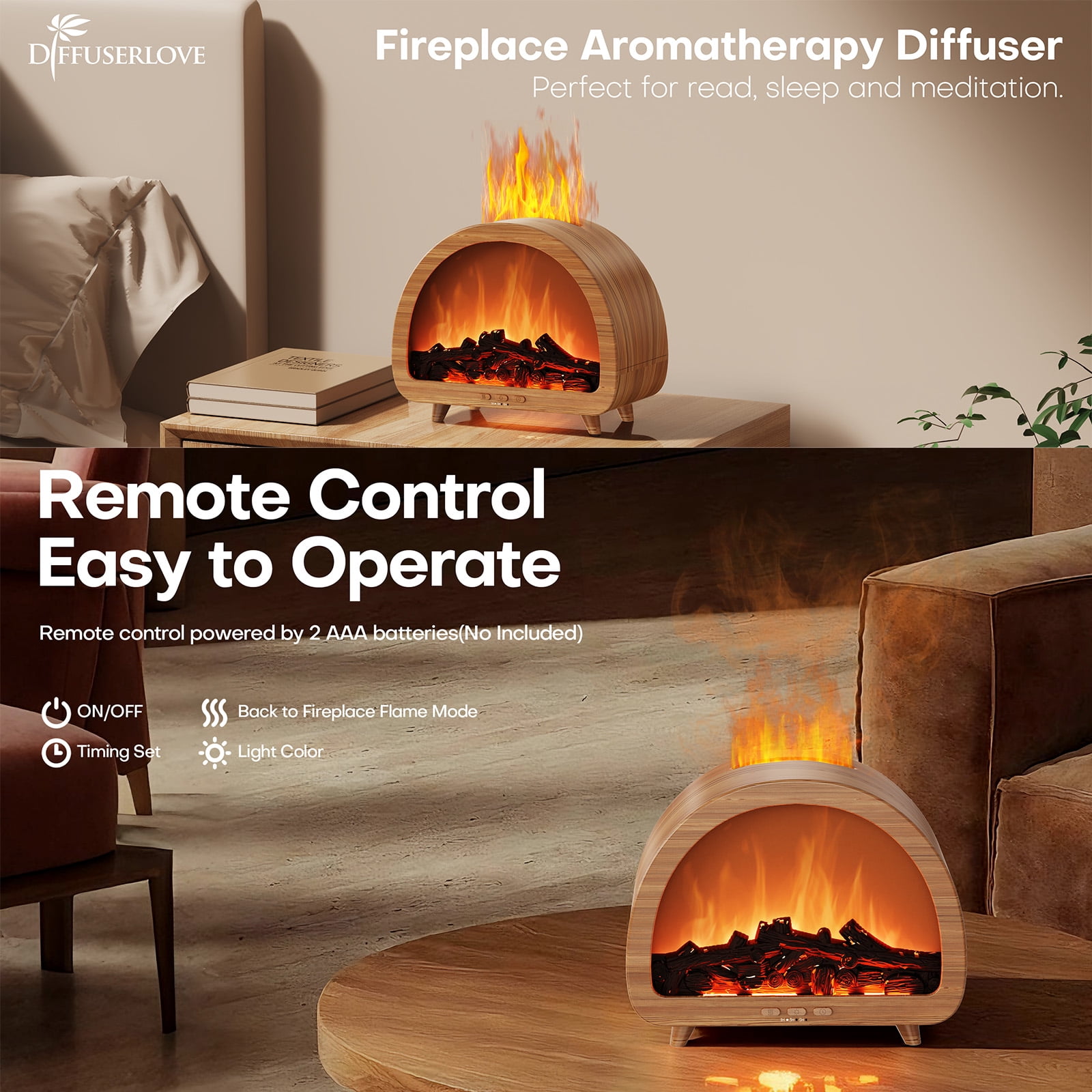 Fireplace Flame Air Diffuser Humidifier,12 Colors Aromatherapy Essential Oil Diffuser,200ml Ultrasonic Cool Mist Humidifier with Remote,3 Gears Timer Shutdown for Home, Bedroom, Office (Wood Grai