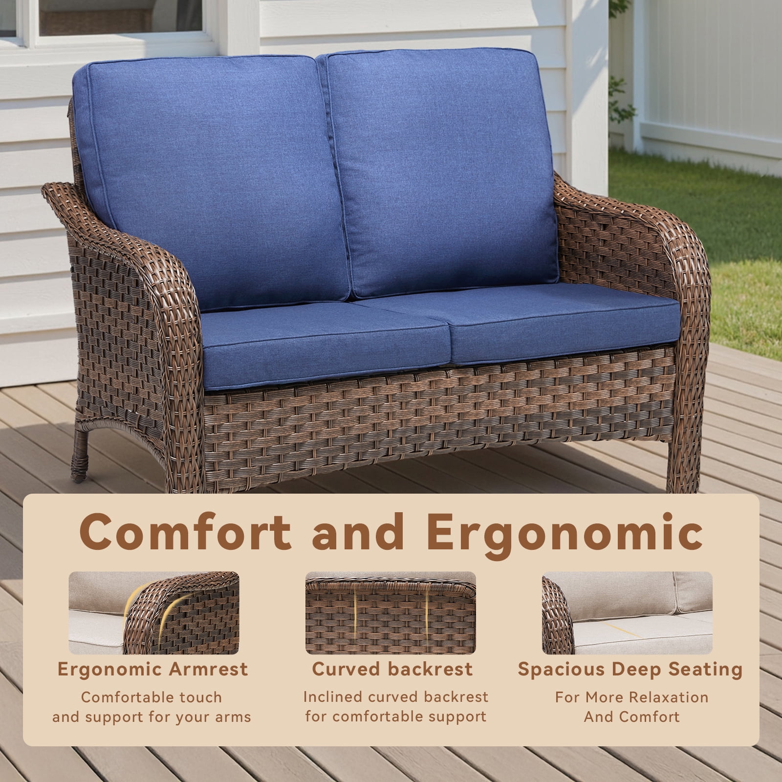 Hommoo 49.6" PE Wicker Rattan Outdoor Patio Furniture Sofa Couch, 2 Seat Patio Loveseat Cushions, Blue