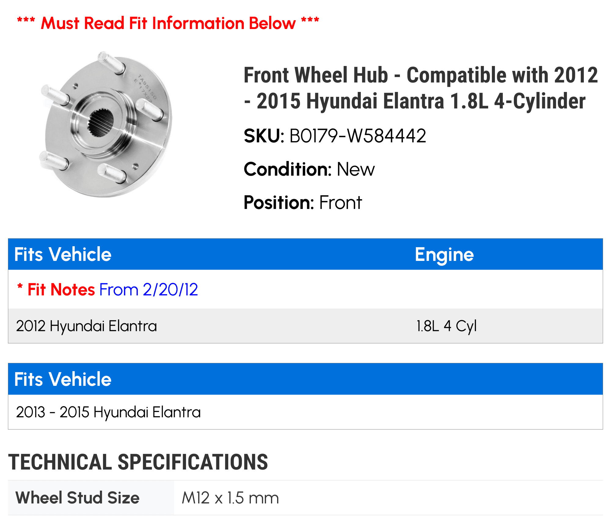 EXCEEDOE Rear Wheel Bearing and Hub Assembly Compatible With 2013 Hyundai Elantra GL 1.8 Liter (Part
