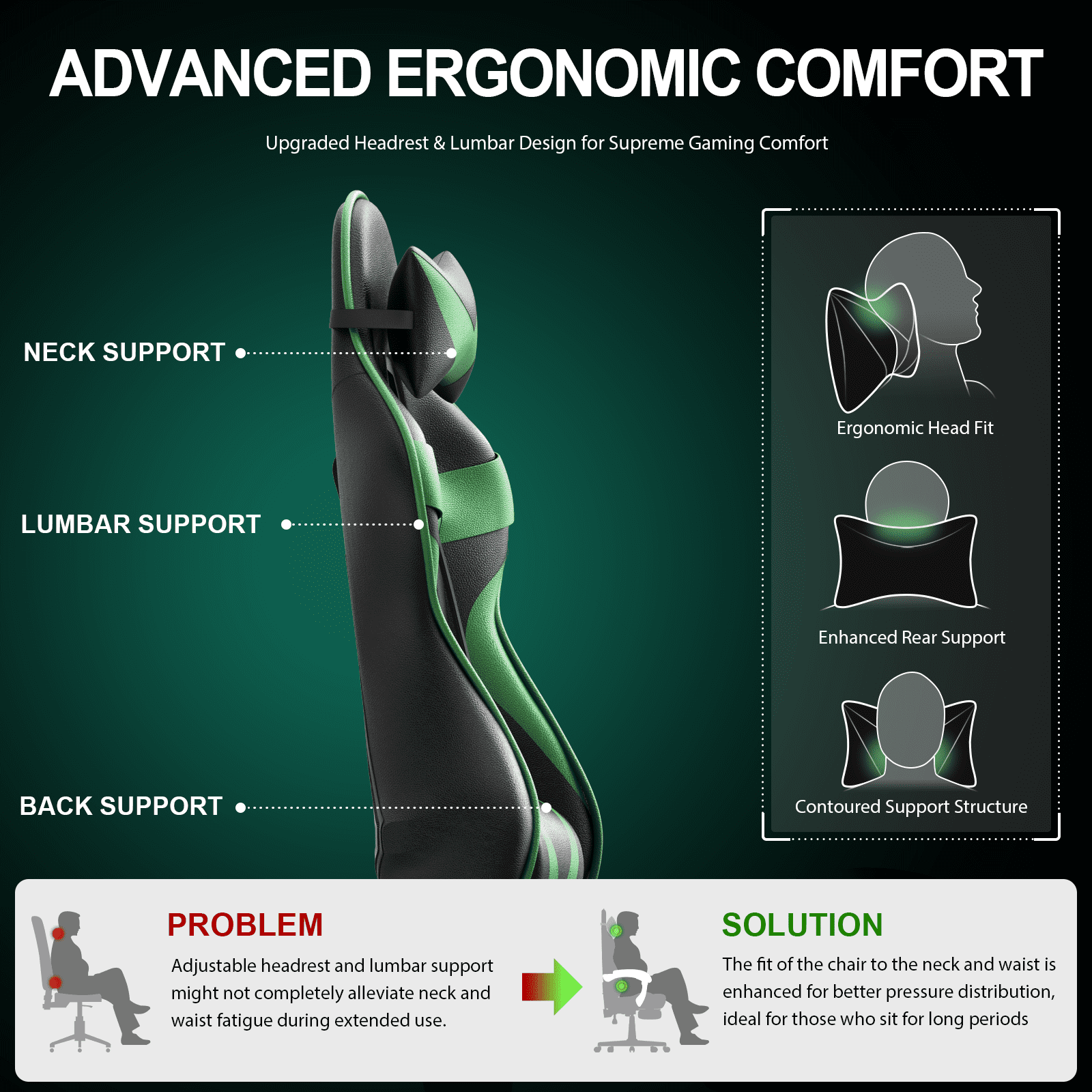 Soontrans Gaming Chair with Footrest, Ergonomic Swivel Computer Game Chair, Gamer Chair with Headrest & Massage Lumbar Support, Office Desk Chairs, Green