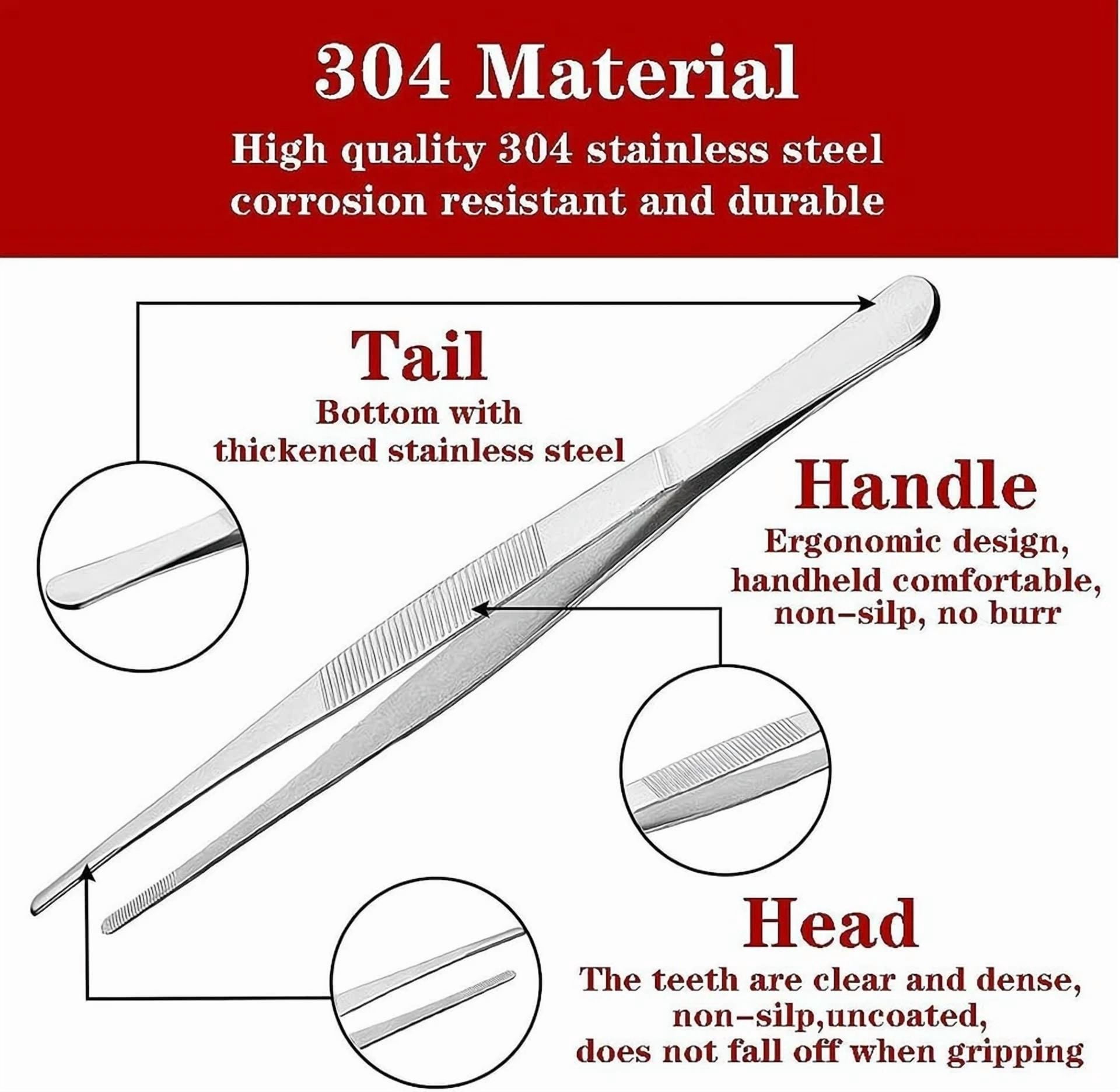 CRESTIN- 2Pcs Stainless Steel Kitchen Tweezers, 10-Inch Culinary Fine Tweezer Tongs Food