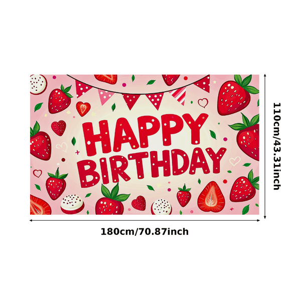Strawberry Themed Happy Birthday Banner Background Backdrop Party Decorations for Birthday Party Photography Props Photo Booth Decors