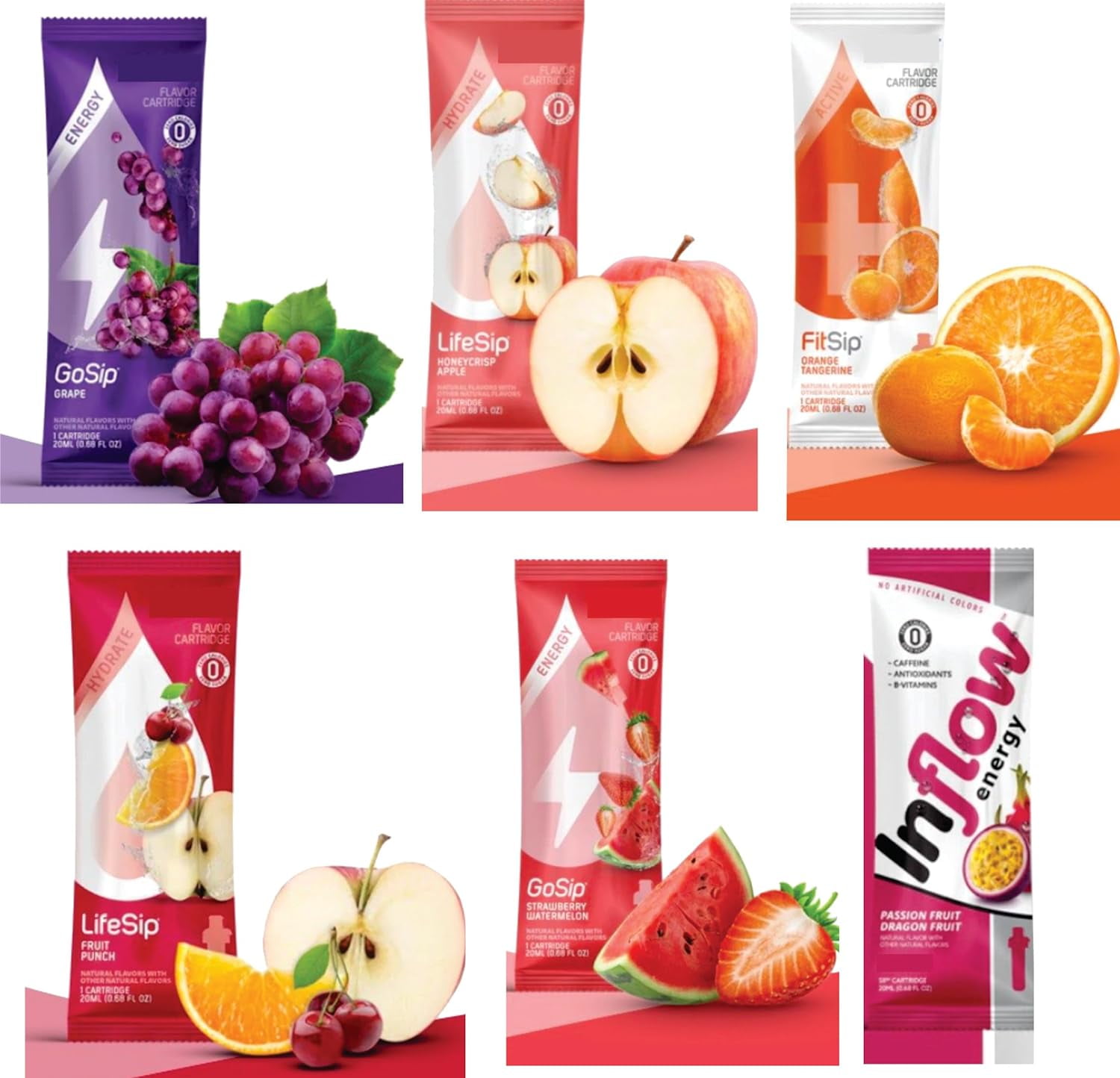 Assorted Cartridge Flavors Refills - Gosip, Lifesip, Fit Sip - Strawberry, , Grape, Blue Raspberry, Orange Tangerine, Mixed Berry And More. (Pack 6)
