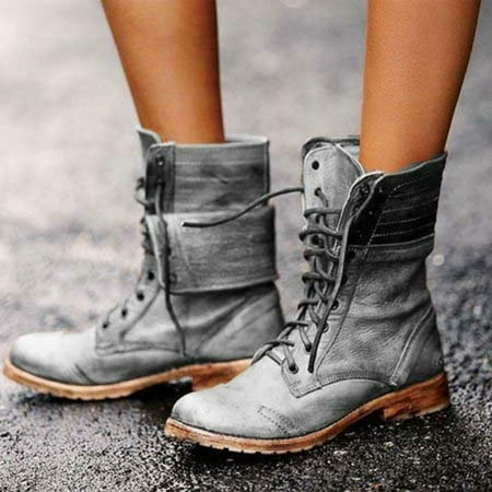 

Alexsix Women Ankle Boots Combat Lace Up Zipp Up Buckle Booties Shoes Round Toe(Gray 35)