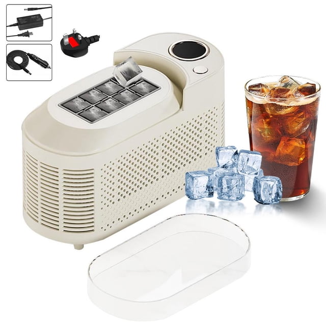 Compact Countertop Ice Maker, Produces Solid Square Ice Cubes in 15 Mins, Portable with Car Cord for Camping, RV Trips, Small Spaces, Quick Ice Production