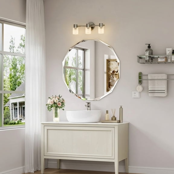 YAURA 24" Faceted Round Mirror for Wall Decor, Diamond-Cut Beveled Circle Vanity Mirror, Solid Backed Sparkle Frameless Mirror for Powder Room & Entryway, Art Deco Style