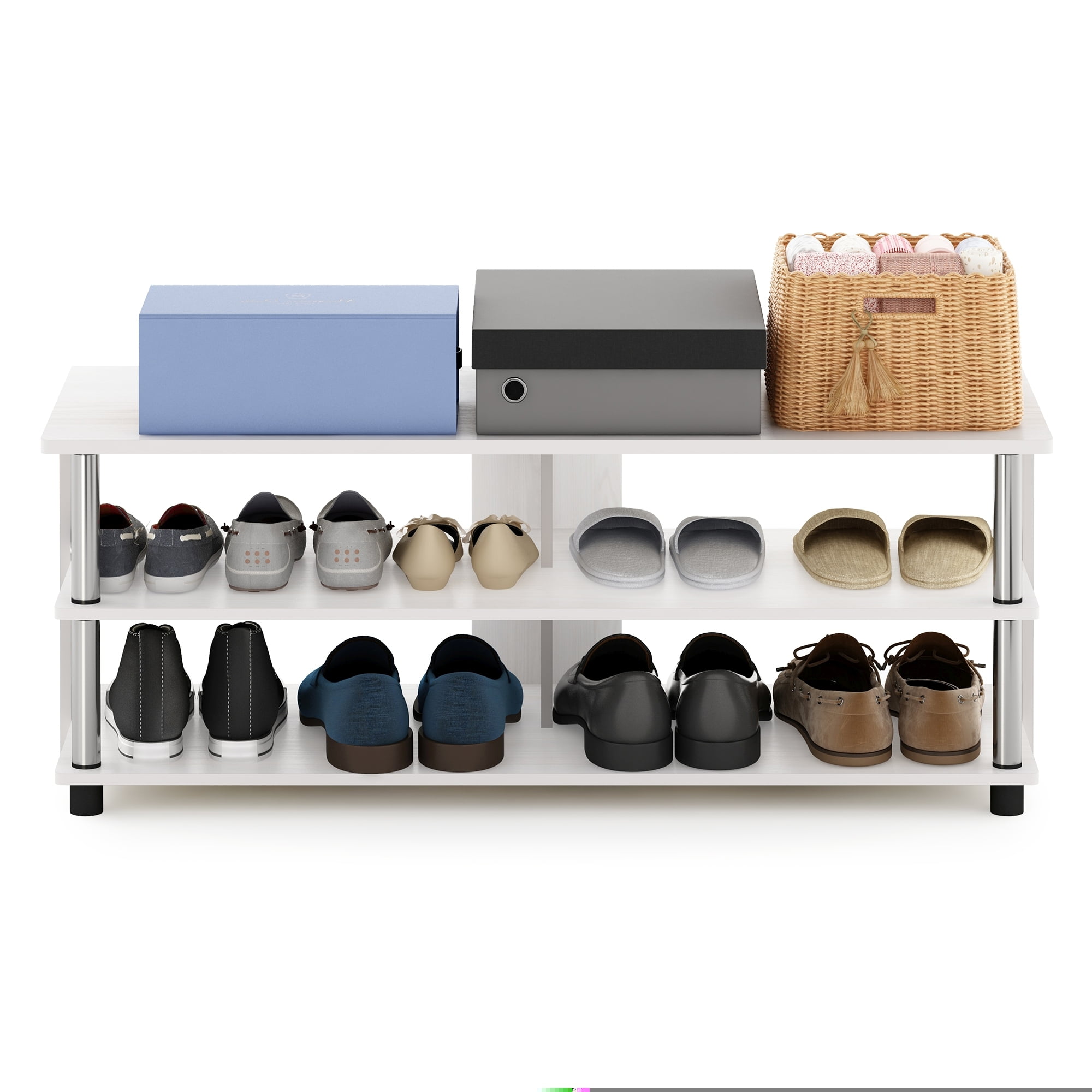 Furinno Turn-N-Tube 3-Tier Compact Open Storage Shoe Rack for Closet Entryway, Stainless Steel Tubes