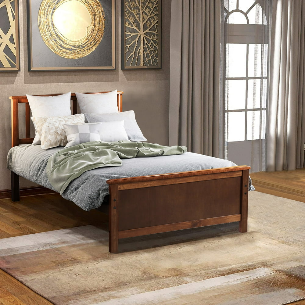 Twin Bed Frame with Headboard, Solid Wood Twin Platform Bed Frame w