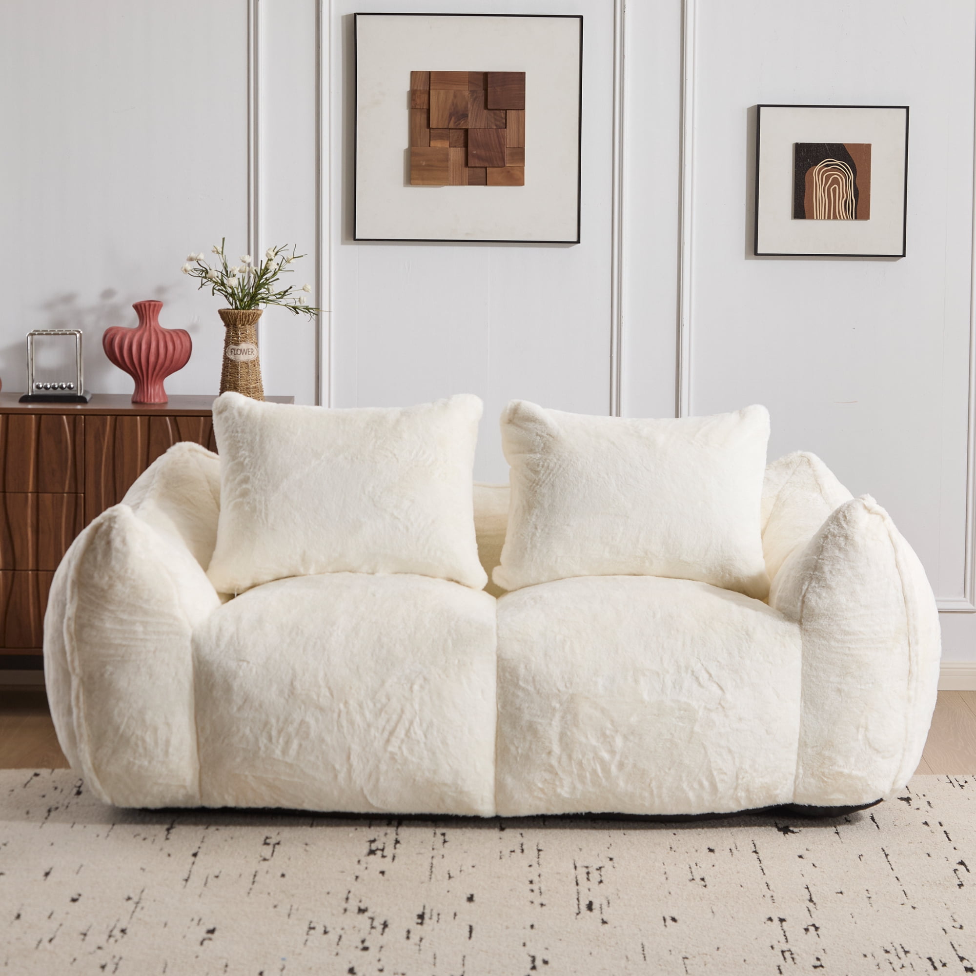 FFH Bean Bag Chair for Adults, 75" Oversized Loveseat Bean Bag Sofa with 2 Pillows, Lazy Sofa Reading Chaise Lounge Couch for Living Room, Bedroom, White