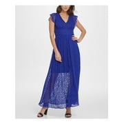 DKNY Womens Blue Patterned Cap Sleeve Full-Length Fit + Flare Dress Size: 10