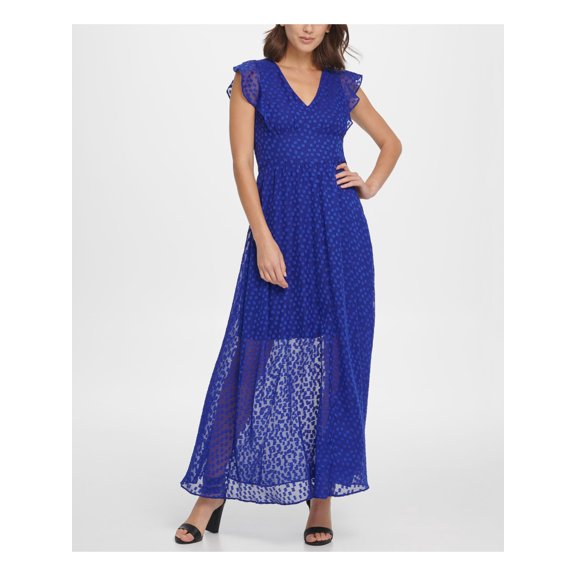 DKNY Womens Blue Sheer Patterned Cap Sleeve V Neck Full-Length Fit Flare Dress 4