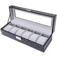 thumbnail image 3 of Caja para reloj de cuero con 6 ranuras, estuche de exposición, organizador de almacenamiento de joyas de vidrio, caja para reloj de cuero PU negro, estuche de exposición, organizador de joya, 3 of 5