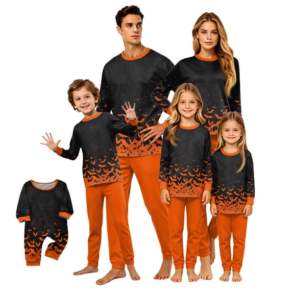 HTHLVMD Family Matching Sleepwear, Bat Print Pajamas, Halloween Gradient Orange Bat Bottom Print Family Matching Pajamas, Crew Neck Long Sleeve 2pcs Holiday Loungewear, 12 Months