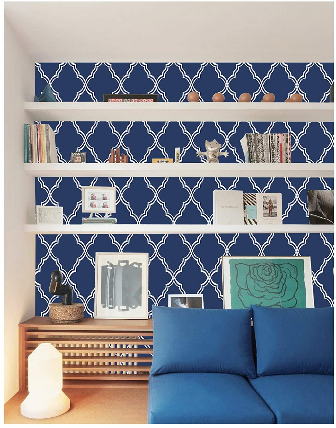 Geometric Peel and Stick Wallpaper Trellies Classical Removable Navy/White Mural Home Wall Decor 17.7in x 9.8ft