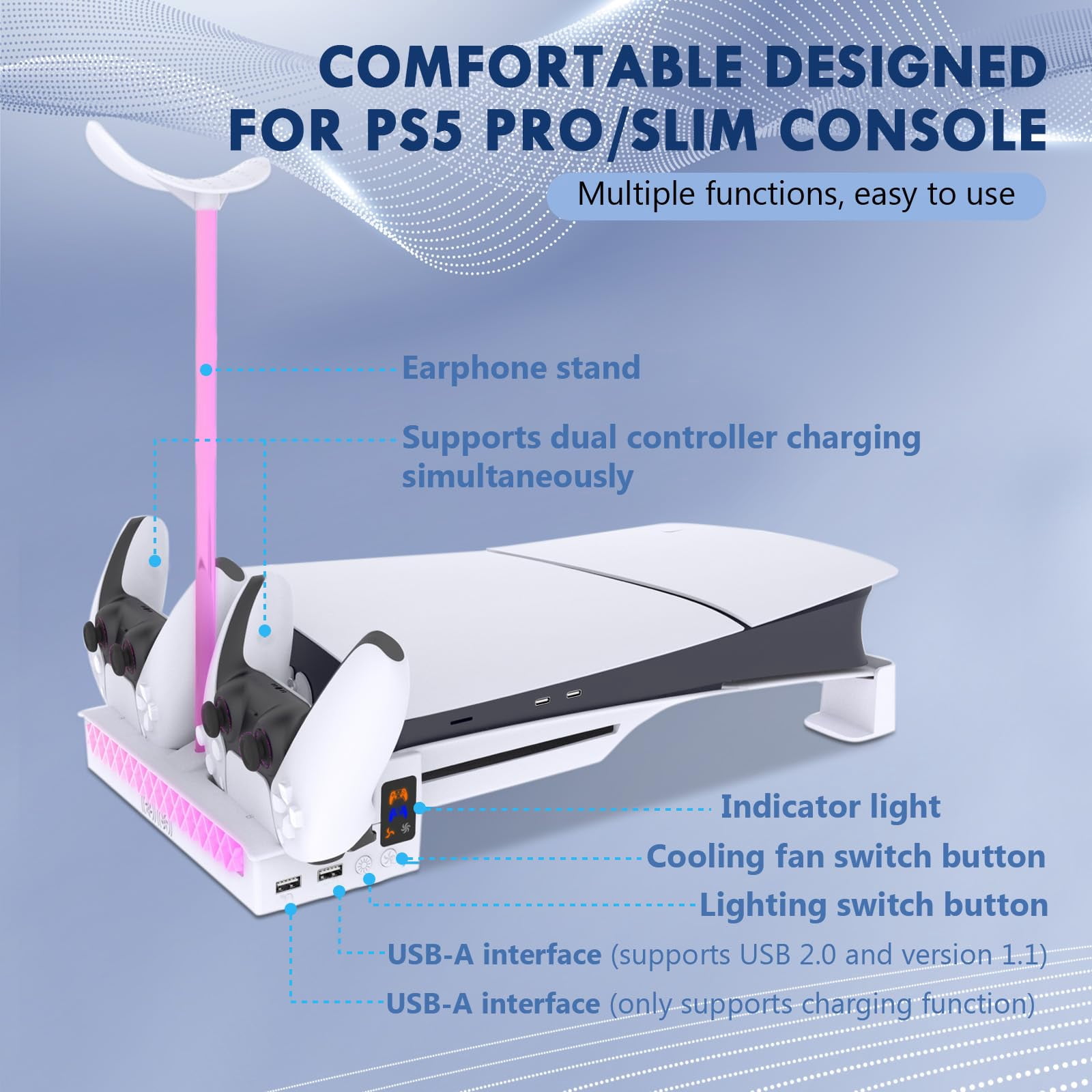 Cooling Station for PS5/PS5 Slim Console Disc/Digital Edition, PS5 Controller Charger with Dual, PS5 Stand for 3-Levels Cooling Fan, Removable Headset, Vertical Cooling Stand Holder