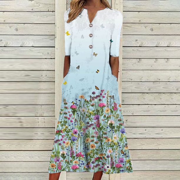 Puntoco Vestido De Manga Corta Con Cuello En V, Vestido De Bolsillo De Manga Corta Con Botones Y Cuello En V Estampado Para Mujer Azul Claro (31416) L