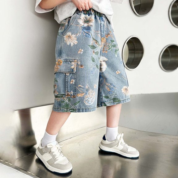 CAIXIA Boys Baggy Jeans Shorts Kids Straight Wide Leg Embroidered Denim Shorts Knee Length Baggy Elastic Waist Jorts Y2k Oversized Husky School Bermuda Shorts Summer School Jean Bottom