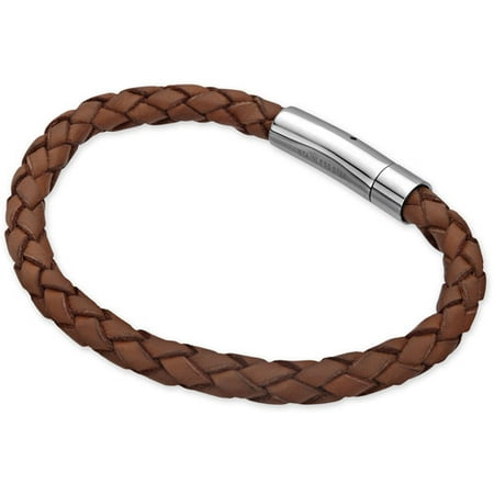 Steel Art Men's Single Brown Braided Leather Bracelet with Stainless Steel Clasp, 6mm, 8-3/8