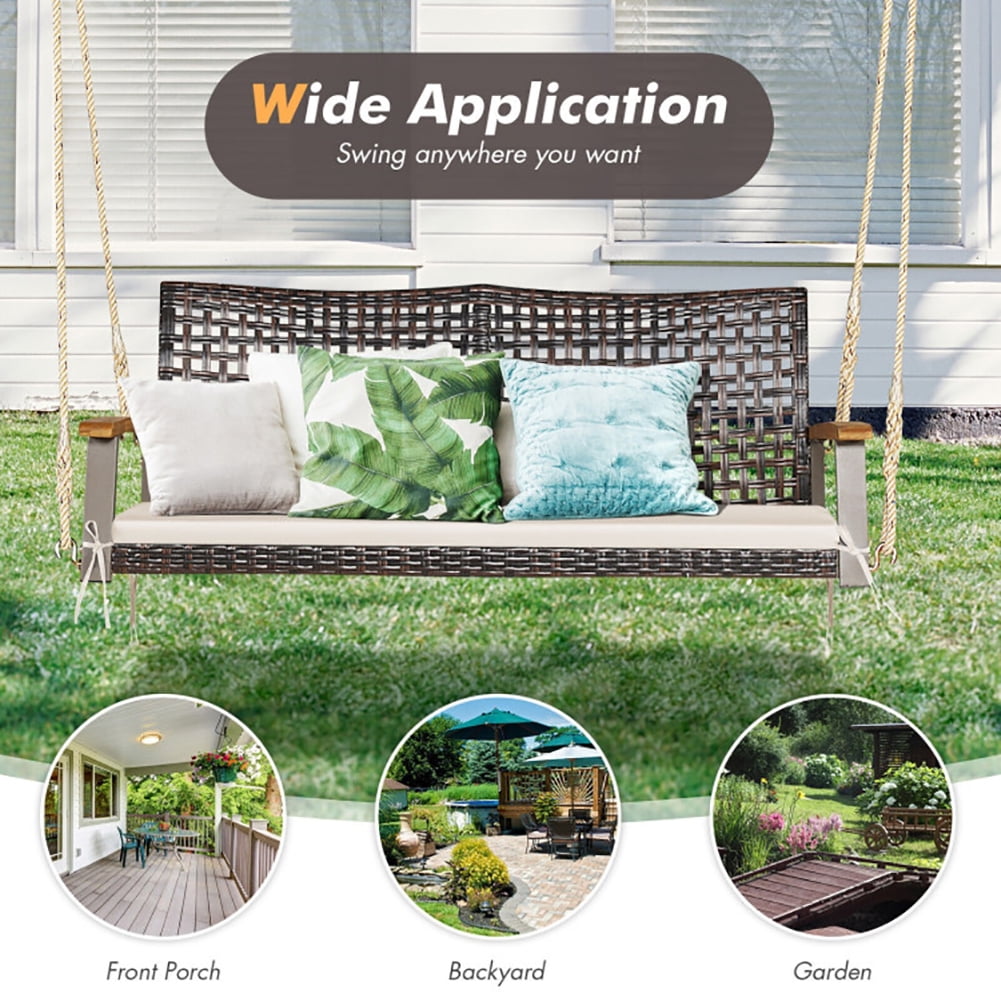 Aimee Lii 2-Person Rattan Hanging Porch Swing Chair, Swing Chair Outdoor, Off White Aimee Lii 2-Person Rattan Hanging Porch Swing Chair, Swing Chair Outdoor, Off White