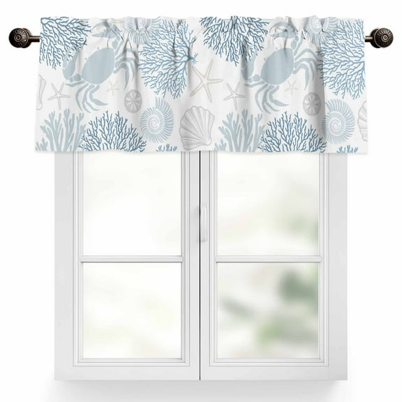 Summer Valances for Windows, 42 x 18in, Blue Grey Crab Coral Seashell Nautical Coastal Ocean Rod Pocket Kitchen Valance Curtain Light Filtering Window Treatments for Living Room Bedroom, 1 Panel